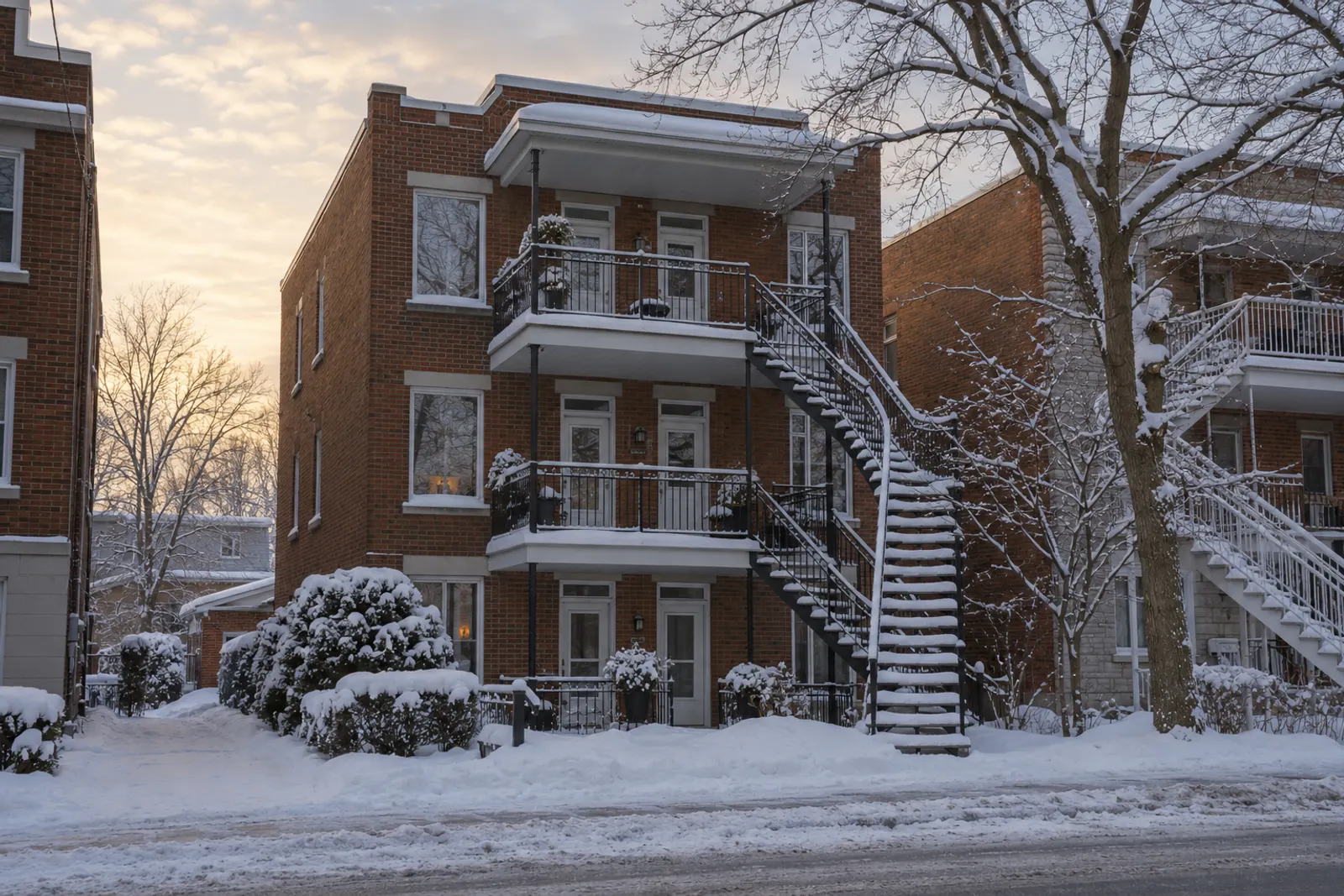 Immeuble locatif à Terrebonne sous la neige illustrant les défis hivernaux de la gestion immobilière au Québec