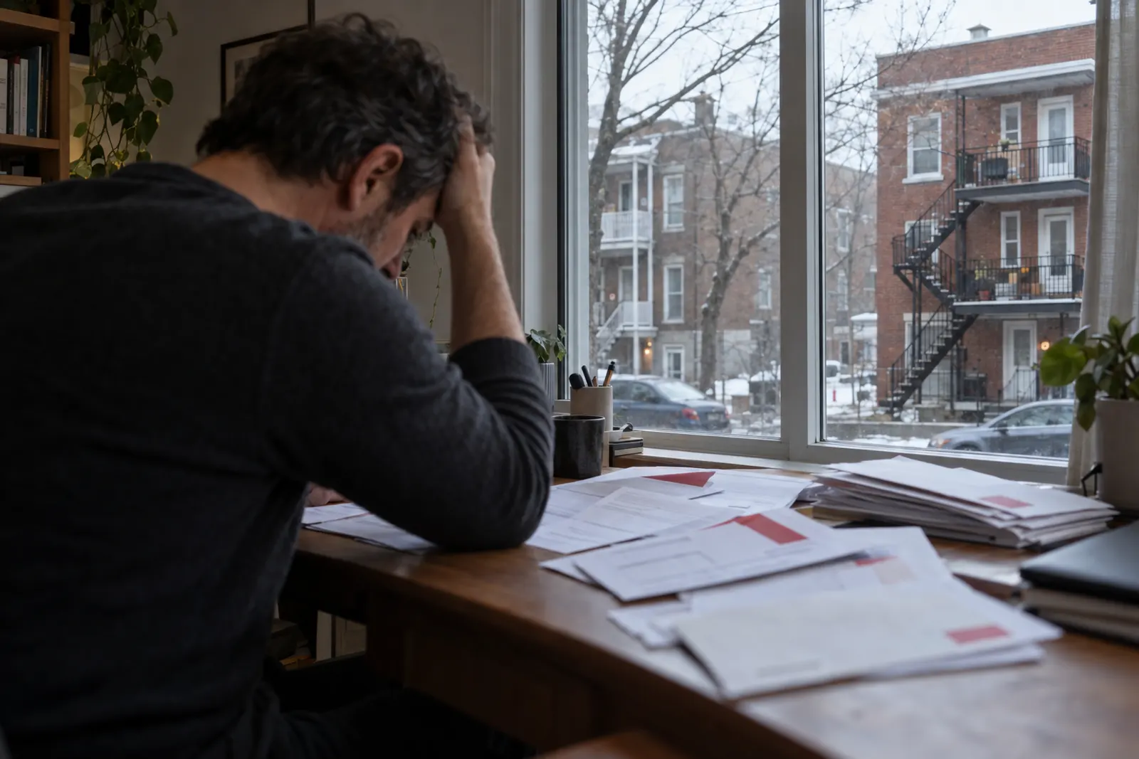 Propriétaire d'immeuble locatif stressé par des avis de loyer impayé, illustrant les erreurs à éviter en gestion immobilière