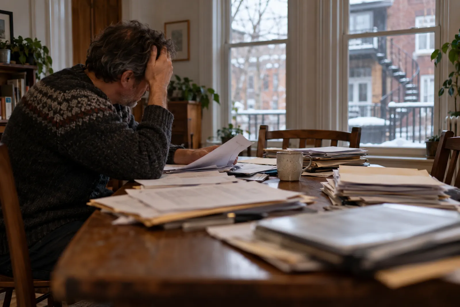 Propriétaire québécois aux prises avec des documents légaux complexes illustrant les erreurs à éviter en gestion immobilière