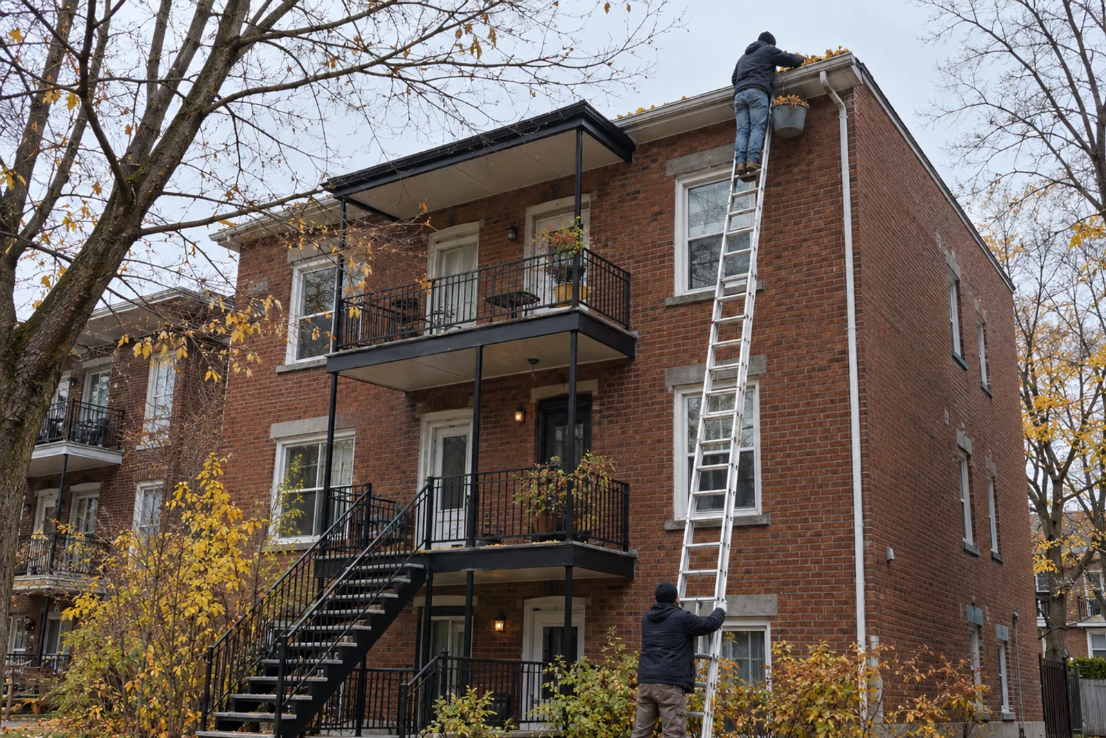 Propriétaire inspecte la toiture et les gouttières de son immeuble locatif en automne pour prévenir les dommages hivernaux