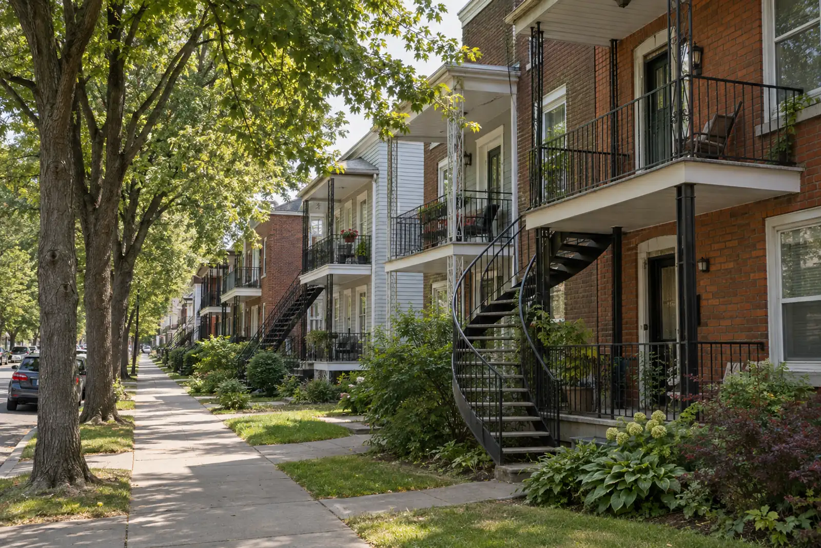 Rue résidentielle du Vieux-Terrebonne avec duplex et triplex représentant le parc locatif de Lanaudière en 2026