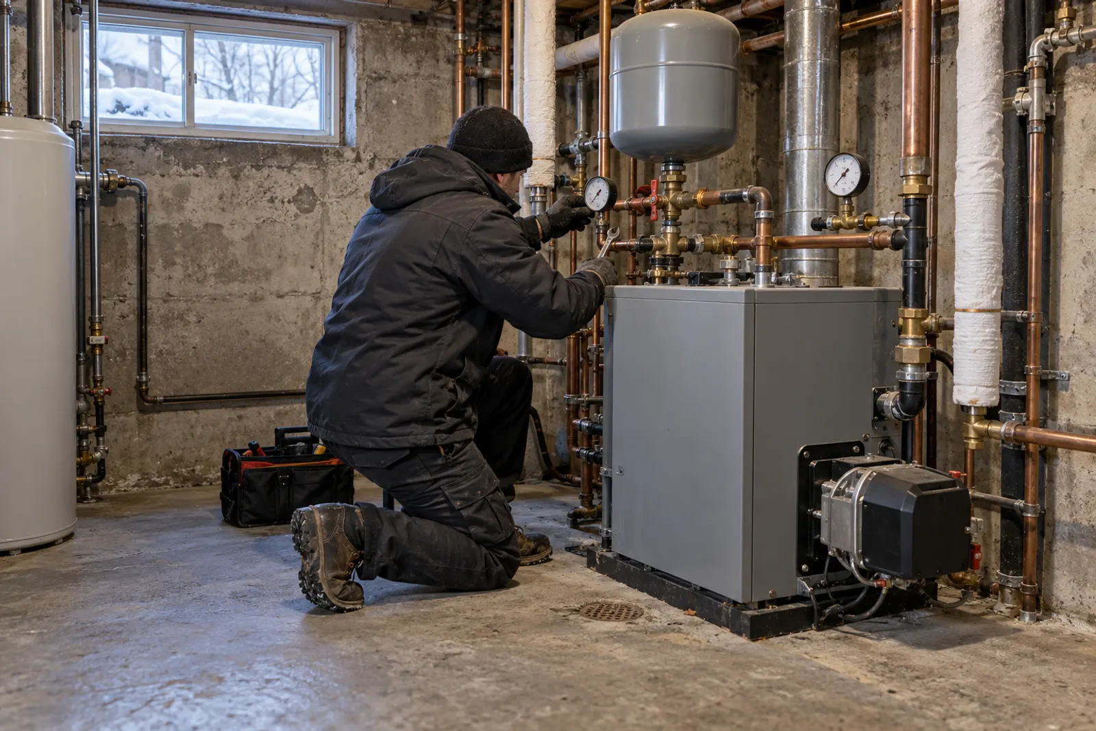 Technicien effectuant l'entretien préventif d'un immeuble locatif en hiver